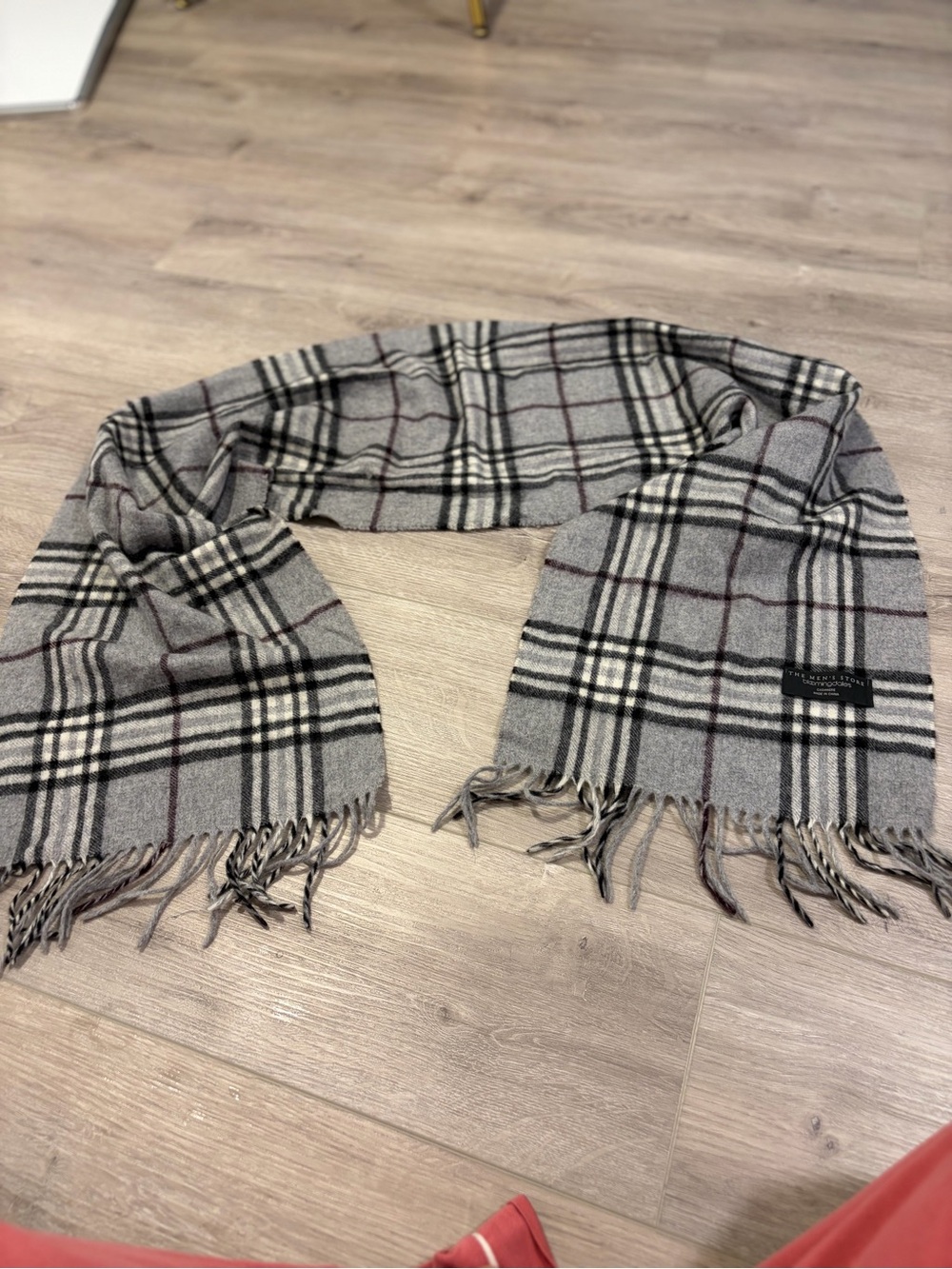 The Men's Store Gray Plaid cashmereFringe Scarf with Subtle Burgundy Lines
